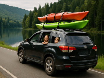 An SUV loaded up with kayaks with kids at the back driving by serene lake surrounded by forests-1-1-1 An SUV loaded up with kayaks with kids at the back driving by serene lake surrounded by forests-1-1-1